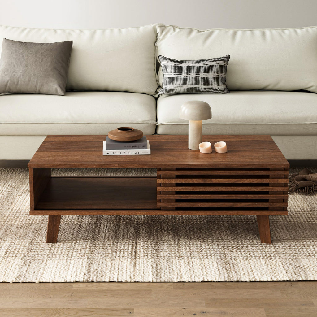 Mid Century Modern Coffee Table, Wood Coffee Table with Storage, Walnut