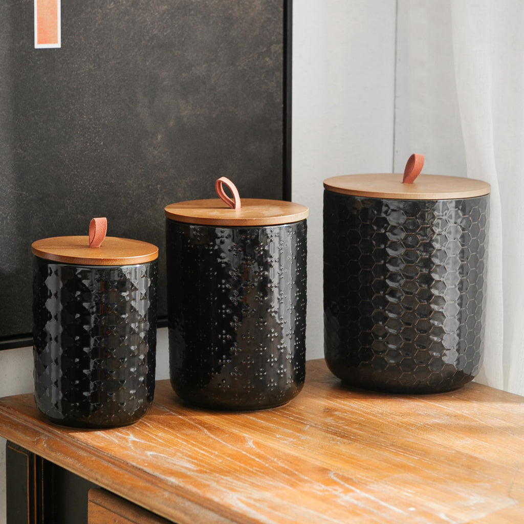 Black Embossed Ceramic Canister 3 Piece with Airtight Bamboo Lid