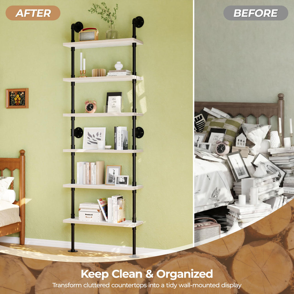 Industrial Pipe Bookshelf, Wall Mounted Shelf, 30 Inch, White