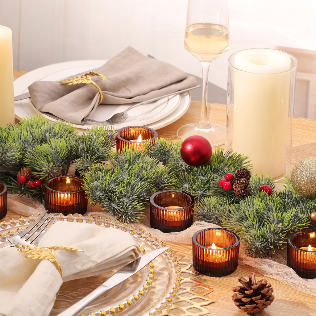 30Pcs Ribbed Amber Votive Candle Holders for Fall Table Decor, Amber Tea Light Candle Holders with 32pcs Tea Light