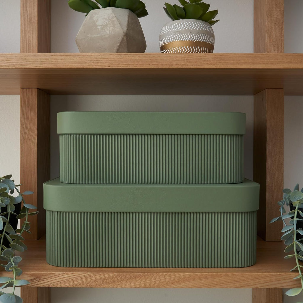 Decorative Storage Boxes with Lids Fluted Photo Organizer Bins - Set of 2