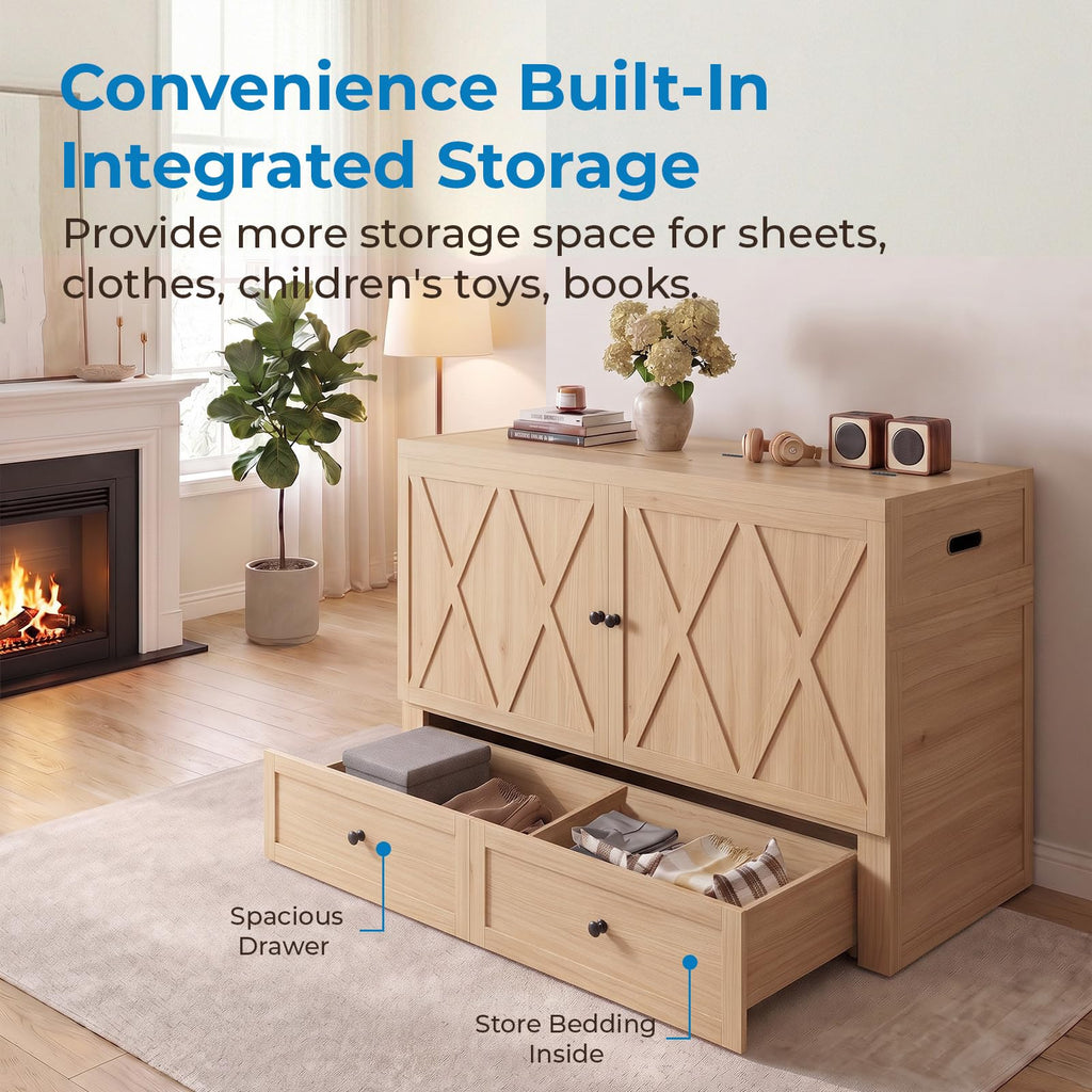 Queen Size Murphy Bed, Cabinet Bed Queen with Mattress Included, Built-in Charging Station, Storage Drawers, Murphy