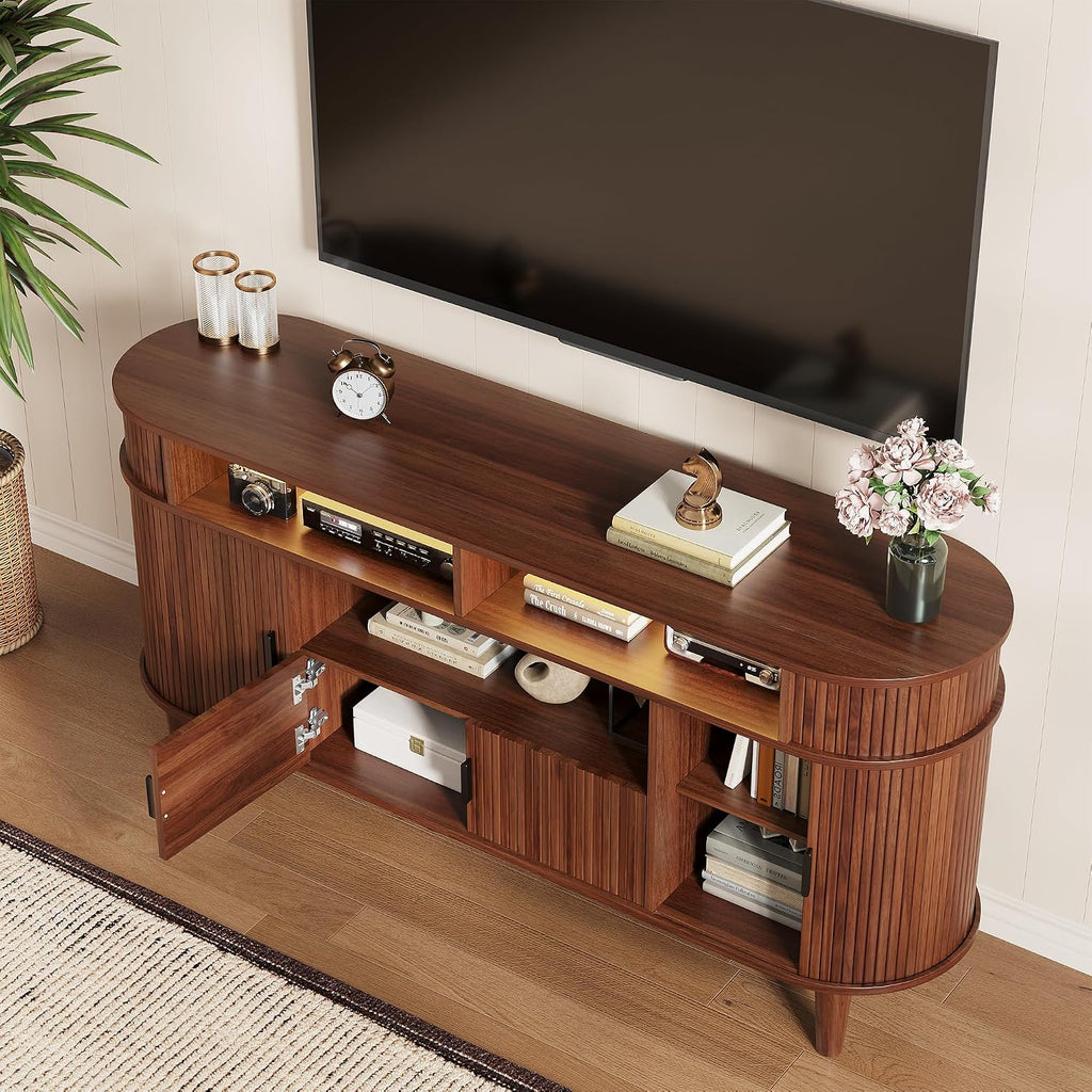 59" Fluted TV Stand with Sliding Doors, Mid Century Modern TV Stands for Tvs up to 65", Entertainment Center with