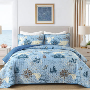 Ocean Coastal Quilt, 3 Pcs Beach Theme Bedspread Bedding Set