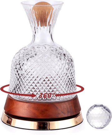 Rotating Wine Decanter with Wooden Base - 360° Spinning Wine Aerator for Fast Oxygenation, Crystal Clear Wine Carafe