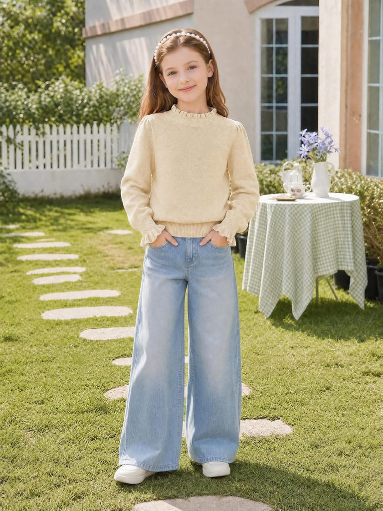 Girls Ruffle Mock Neck Sweater Long Sleeve Cute Knit Pullover