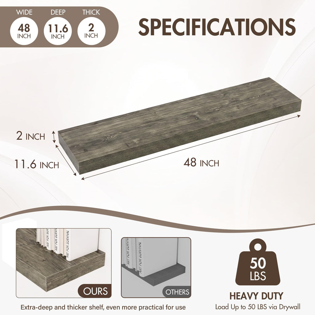 48 Inch Floating Shelves, 12" Deep Floating Shelf Wall Mounted, 48" Wall Shelves, Rustic Deep Bookshelf, Extra Deeper