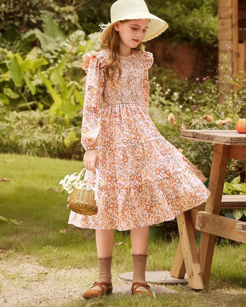 Girls Long Sleeve Fall Floral Dress Ruffle Round Neck Smocked Layered Hem