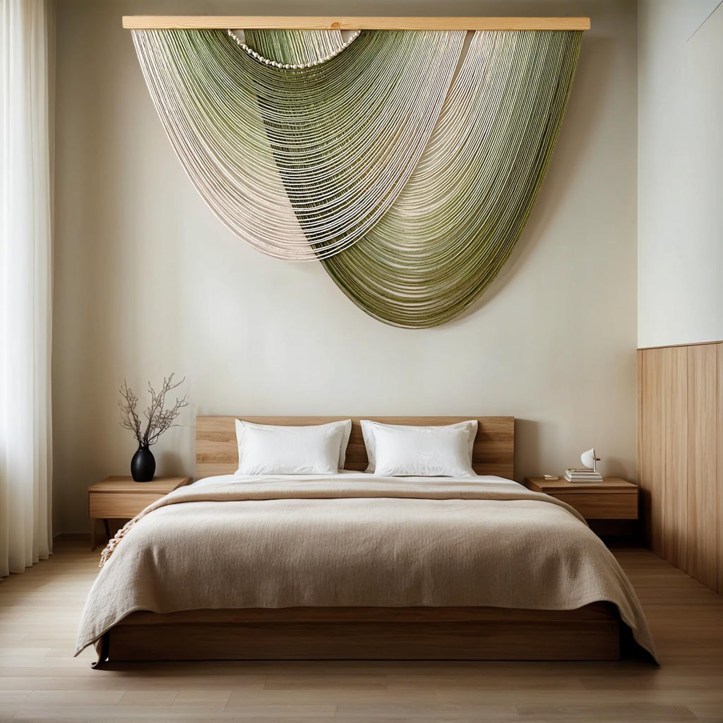 Large Macrame Wall Hanging Boho Wood Ombre Green Dip-Dyed Tapestry