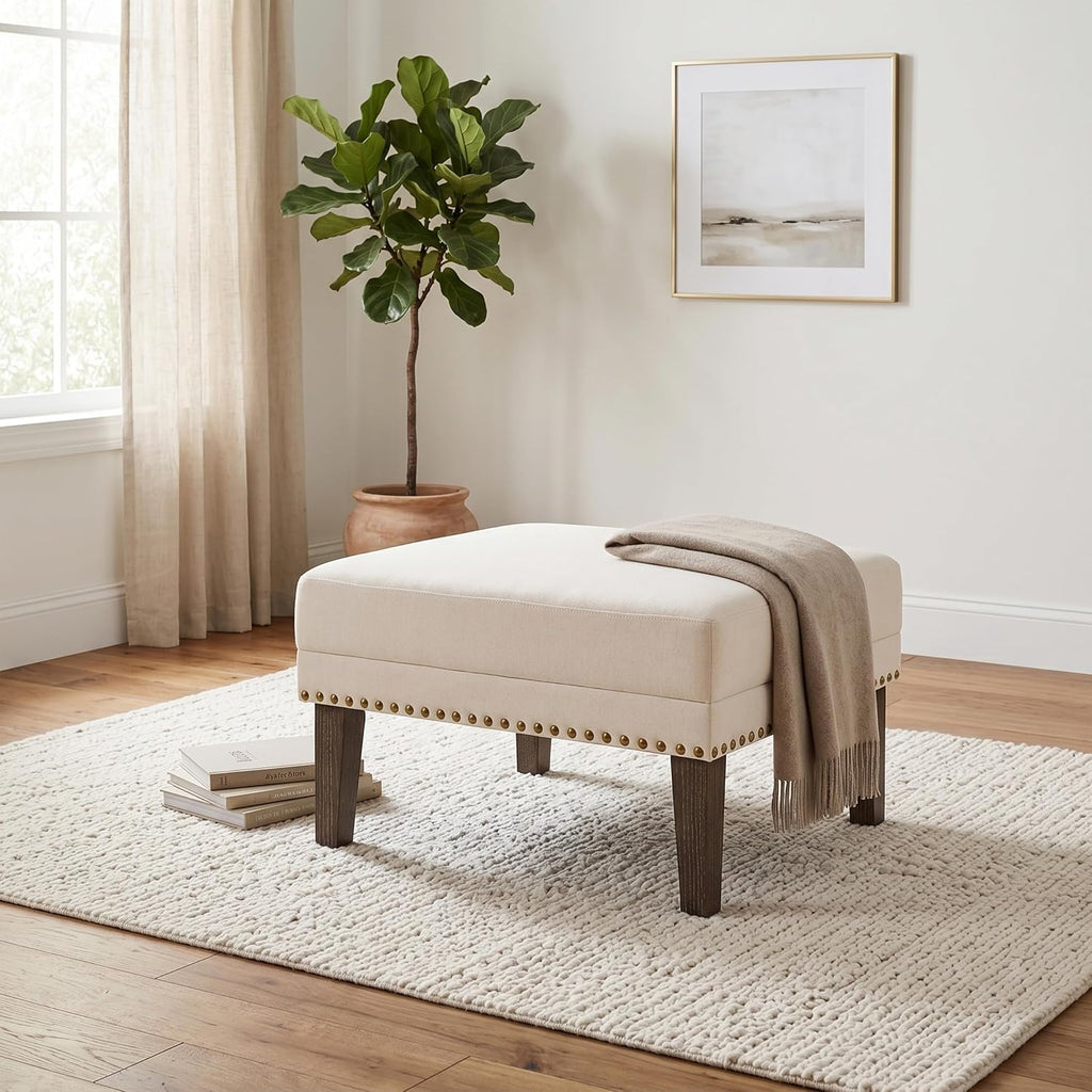 Accent Wingback Chair with Ottoman, Upholstered High Back Reading Chair, Beige Linen Blend Armchair with Nailhead