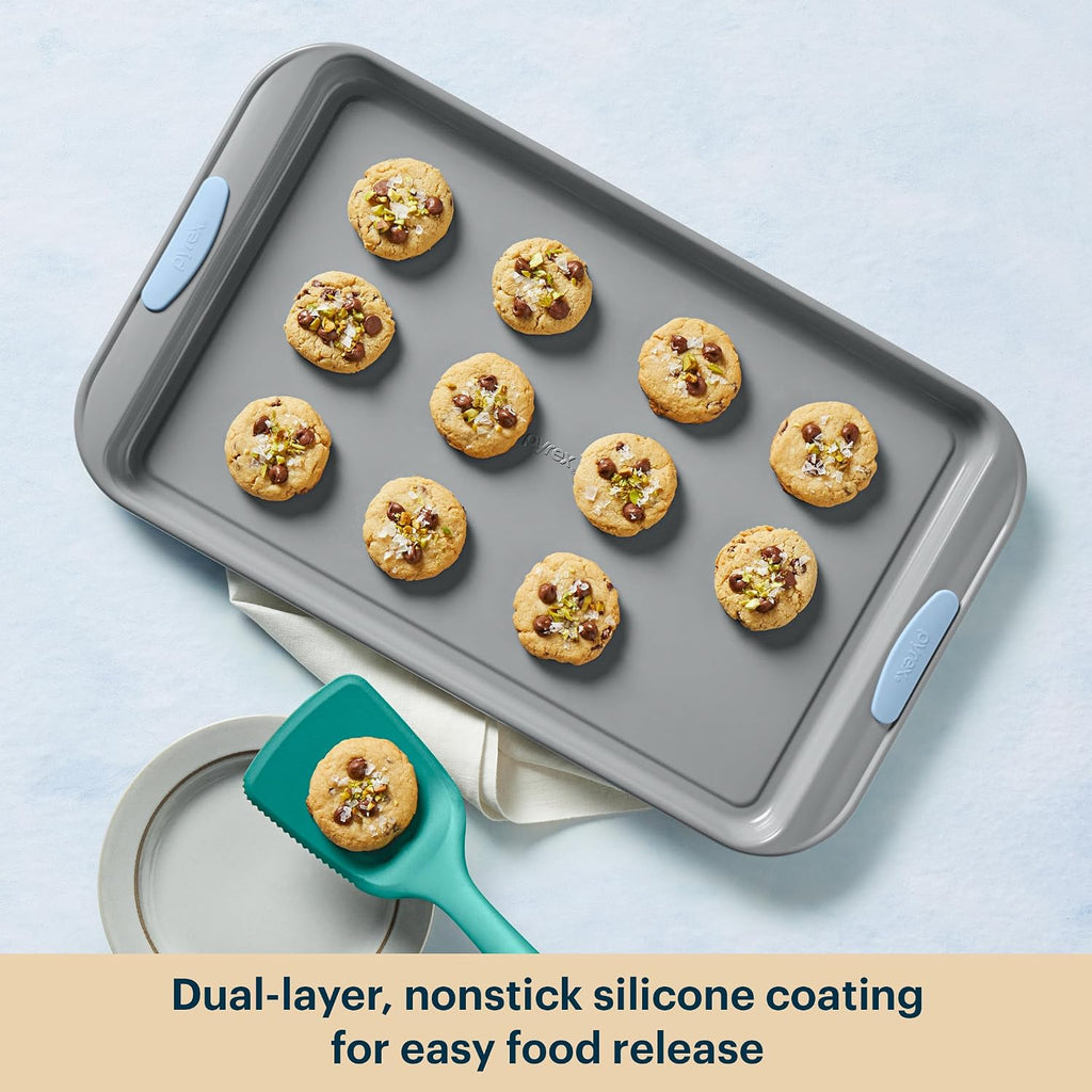 3-Piece Metal Cookie & Muffin Sheet Bakeware Set, Cerulean | Lightweight stainless steel trays with heatsafe silicone