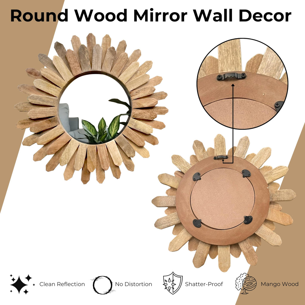 Rustic Round Wood Wall Mirror 18 Inch, Natural Sunburst Mirror for Wall Decor, Boho Farmhouse Decorative Mirror Decor