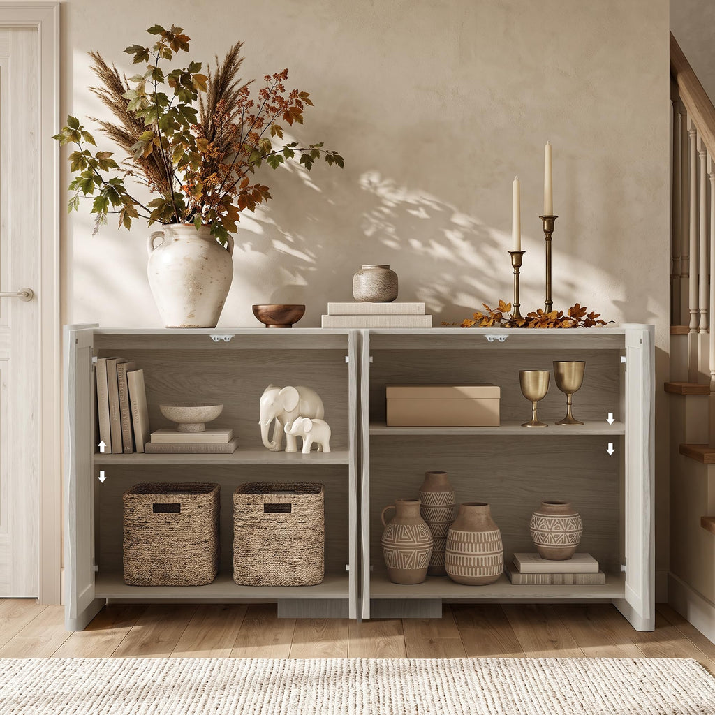61" Textured Wave Sideboard Buffet Cabinet with Storage, Off White