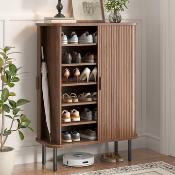 6-Tier Shoe Storage Cabinet with Sliding Door Walnut