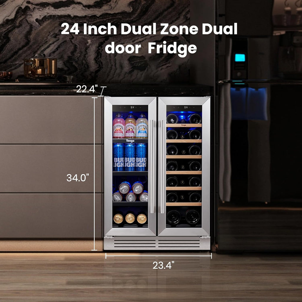 Wine & Beverage Refrigerator, 24 Inch 60 Cans and 20 Bottles Dual Zone Wine Cool