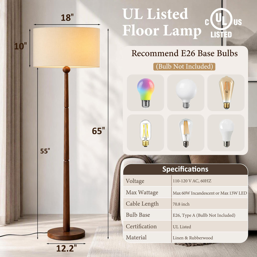 65 Inch Single Ball Walnut Wood Floor Lamp with Linen Shade, Beige