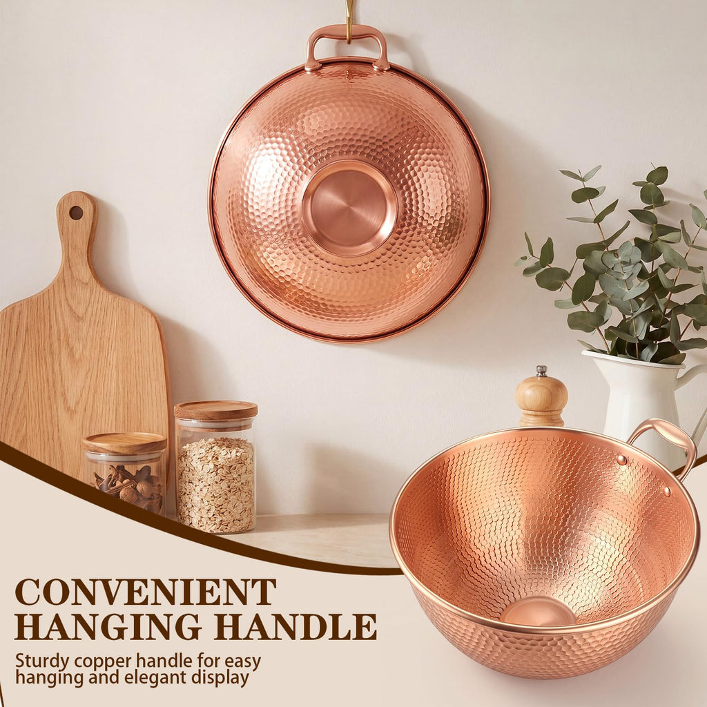 5 Qt Large Hammered Pure Copper Mixing Bowl with Handle
