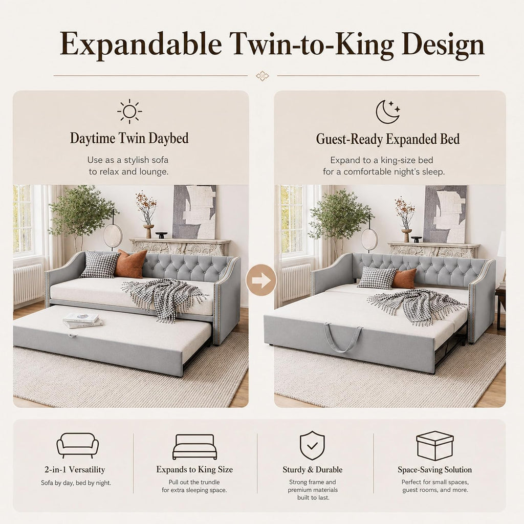 Twin Daybed with Pop Up Trundle, Twin to King Convertible Daybed Frame, Upholstered Daybed with Trundle, Pull Out