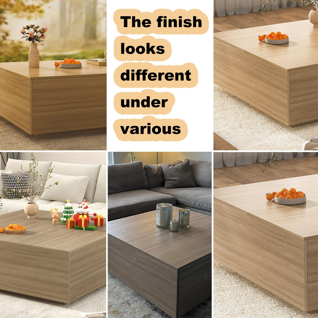 47 Inch Large Square Coffee Table with Storage, Wooden Coffee Table((OAK)