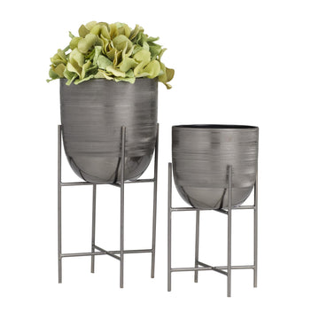 Metal Small Brushed Dome Planter with Removable Stand, Set of 2 12", 9"H, Gray