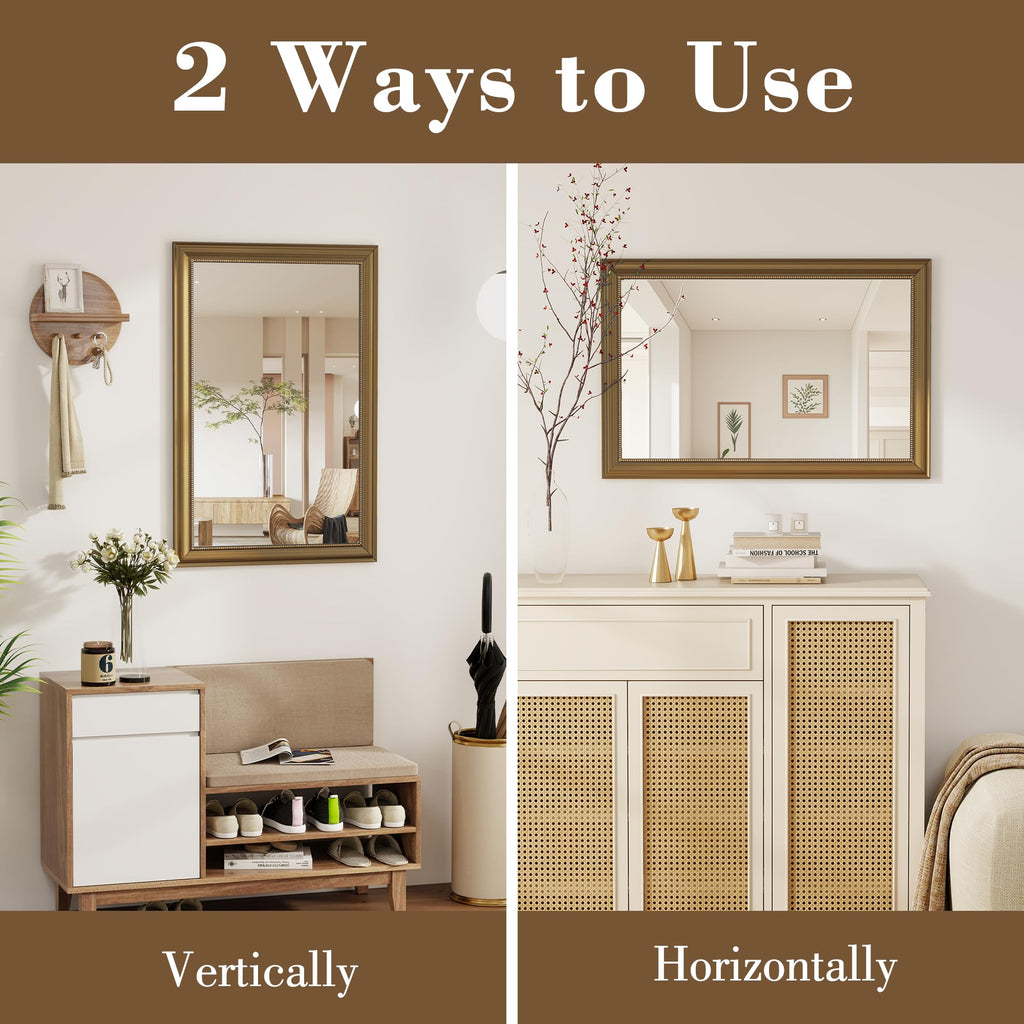24x36 Rectangular Wall Mirror, Decorative Bathroom Mirror, Traditional Vintage Wall Mounted Mirror with Beaded Frame