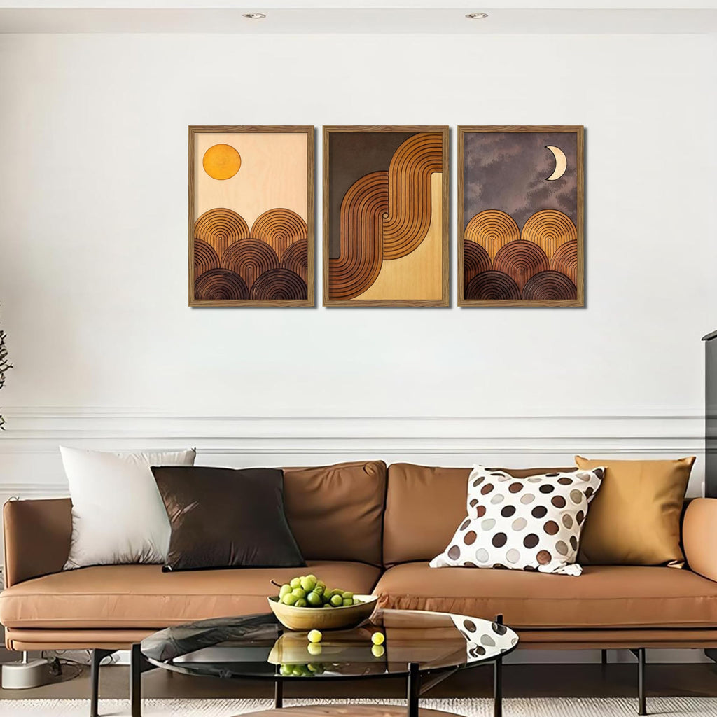 Abstract Framed Wooden Canvas Wall Art Set of 3 - Sun Moon Geometric Boho Modern Wall Decor, Golden Brown Mid Century