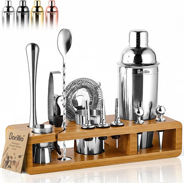 Bartender Kit - Stainless-Steel Cocktail Shaker Set w/Bamboo Stand - Mixology Bar Tools w/Drink Shaker, Mixer Spoon & - Set of 23
