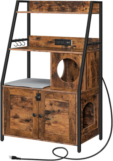 Litter Box Enclosure with 2 Storage Shelves, Tall Litter Box Furniture Hidden with Charging Station, Indoor Hidden