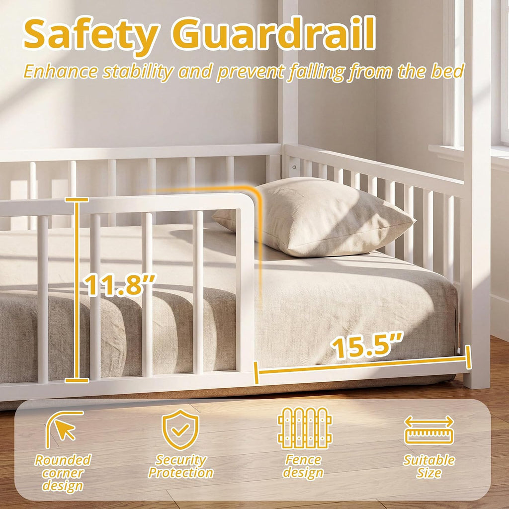Floor Bed Frame with Fence Guardrails and Roof, White