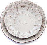 Rustic Birch 16 Piece Embossed Scalloped Stoneware Round Dinnerware Set in White with Brown Accents