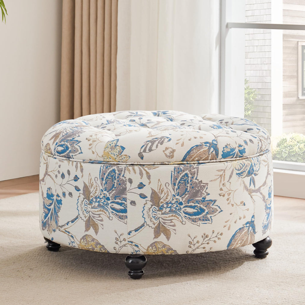 30" Round Storage Ottoman, Button Tufted Coffee Table