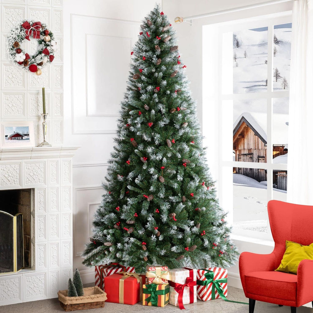 Vancouver 7.5ft Frosted Prelit Artificial Christmas Tree with Pine Cones,Faux Berries, Foot Pedal, 1346 Branch