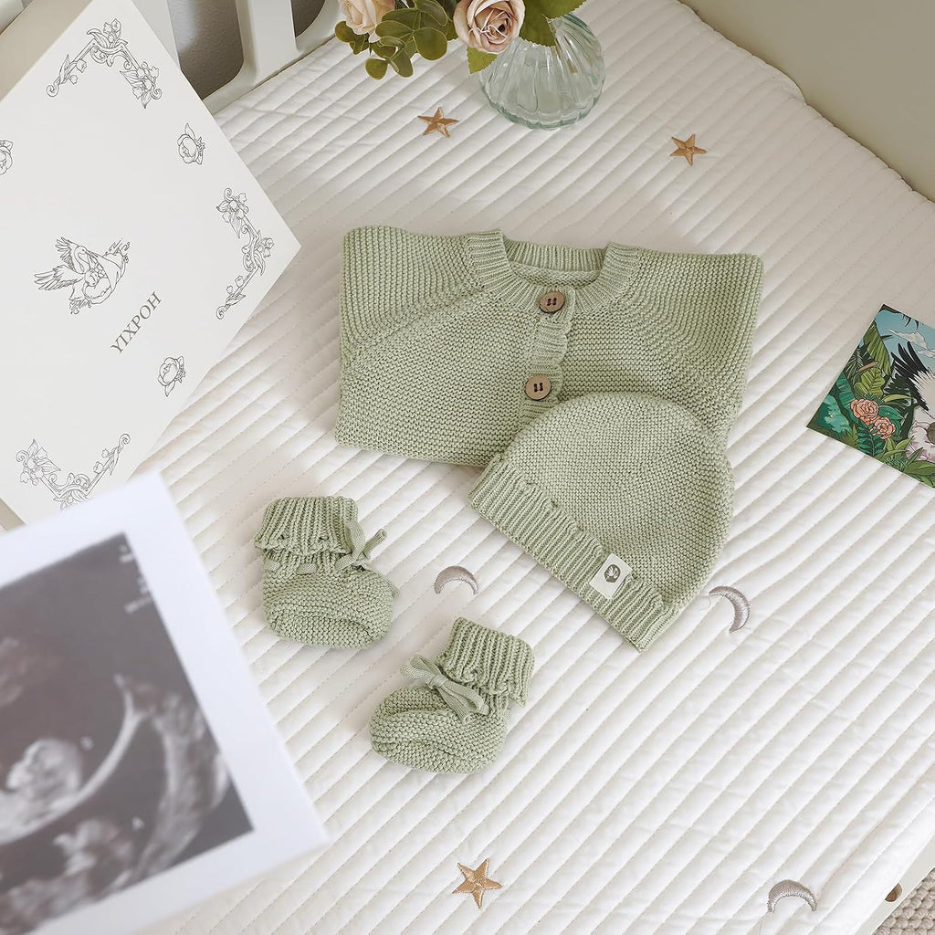 Organic Cotton Baby Sweater Knit Romper Hat Booties 3 Piece