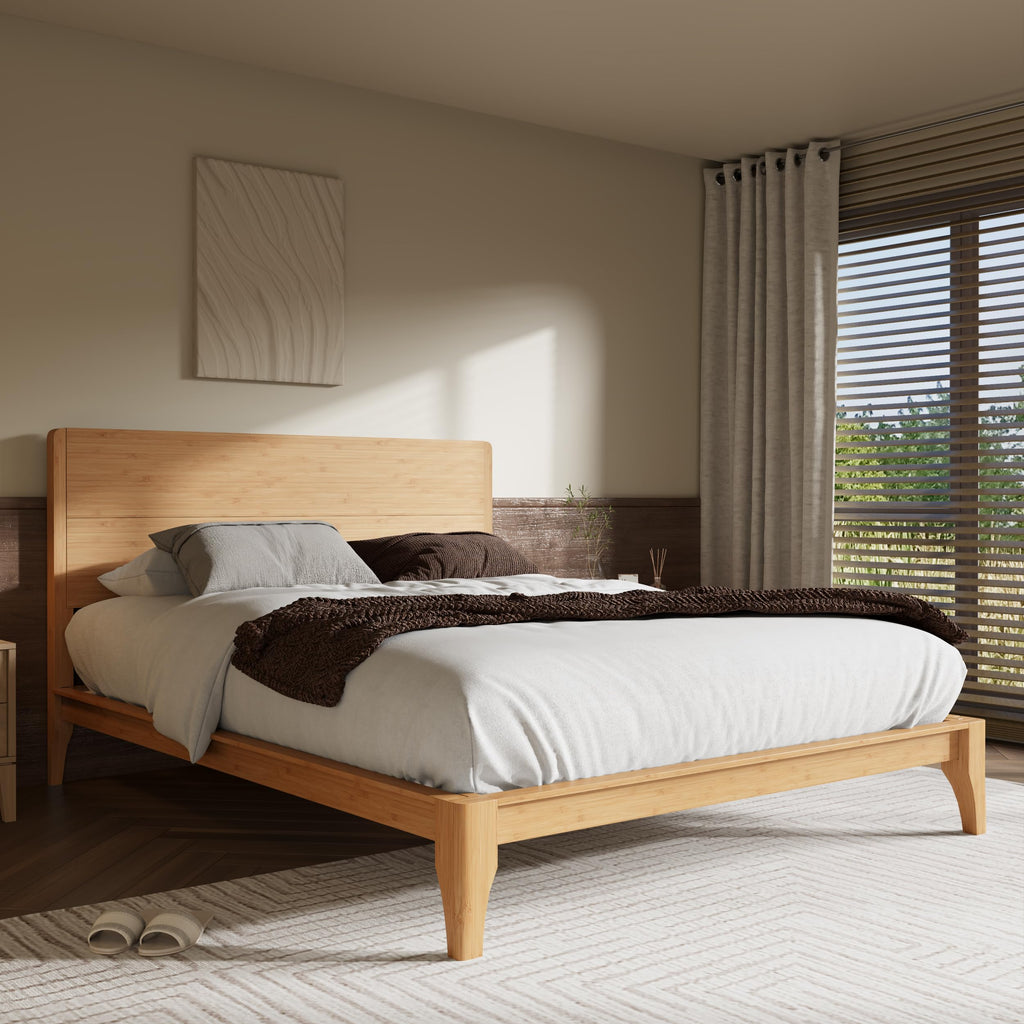 Full Size Bamboo Platform Bed Frame with Tall Headboard, Natural
