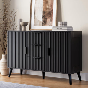 47.2" Fluted Sideboard Buffet Cabinet with 3 Drawers, Black Modern Buffet Cabinet with Storage, Large Storage