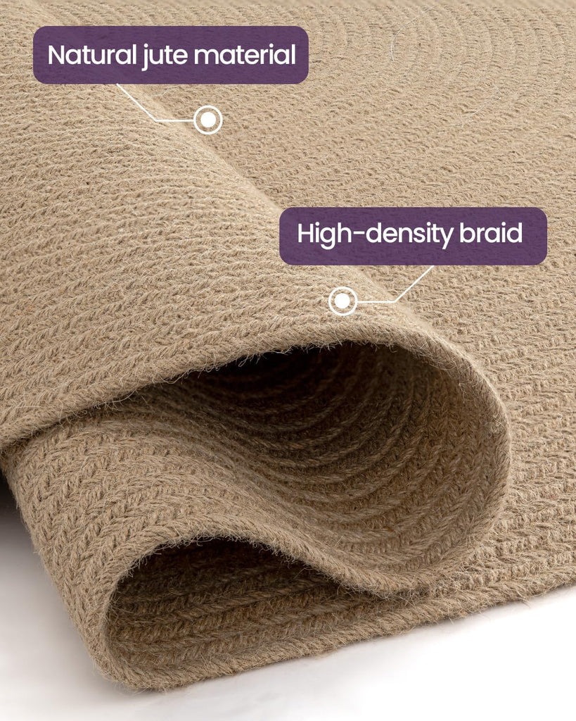 Round Woven Jute Rug 5x5, Indoor Outdoor Area Rugs , Beige | Natural Fiber Handmade Braided Low Pile 5ft Carpet Mat