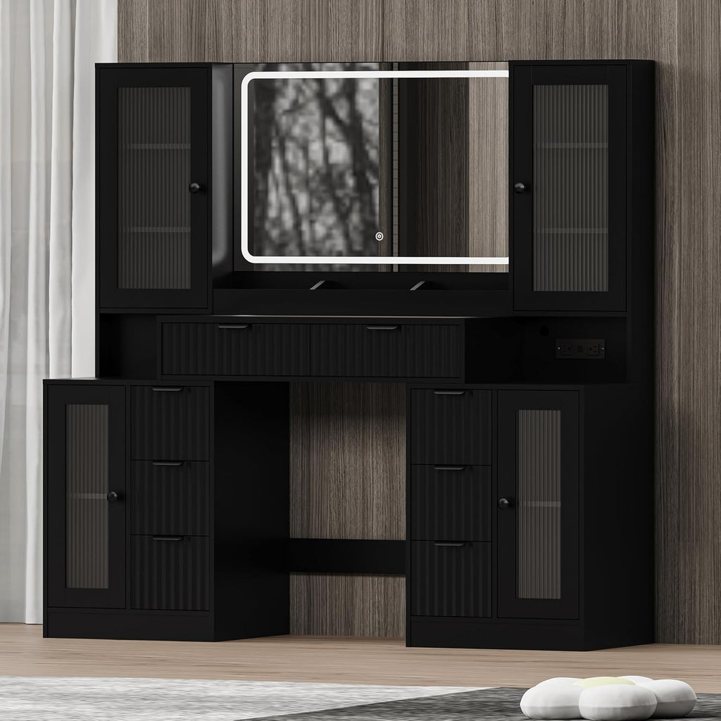 Fluted Makeup Vanity Desk with Mirror and Lights, 55" Glass Top Vanity with 8 Drawers & 4 RGB Glass Cabinets