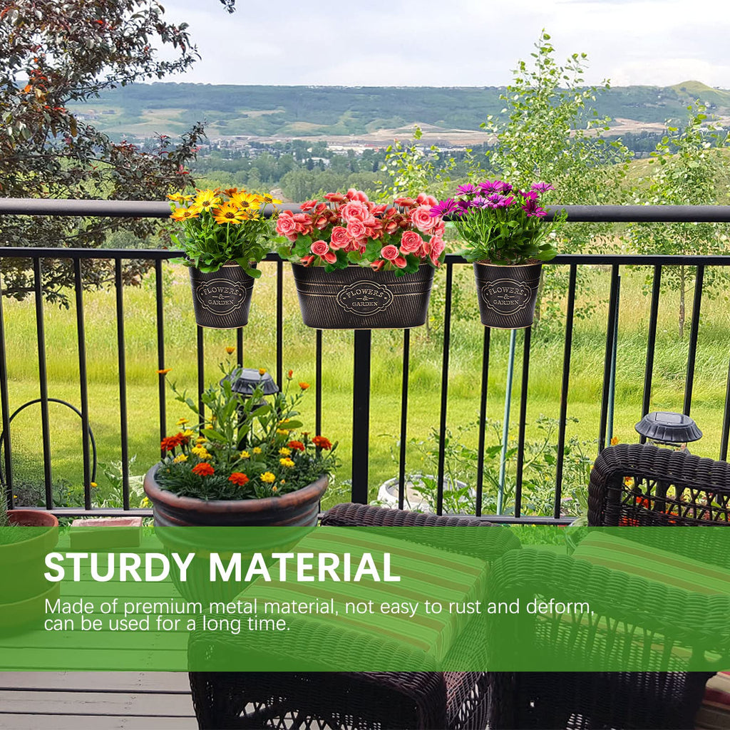 3 Pack Metal Railing Planter Box Outdoor, 10.6" Hanging Flower Pots with Detachable Hooks & Drainage Holes, Rail