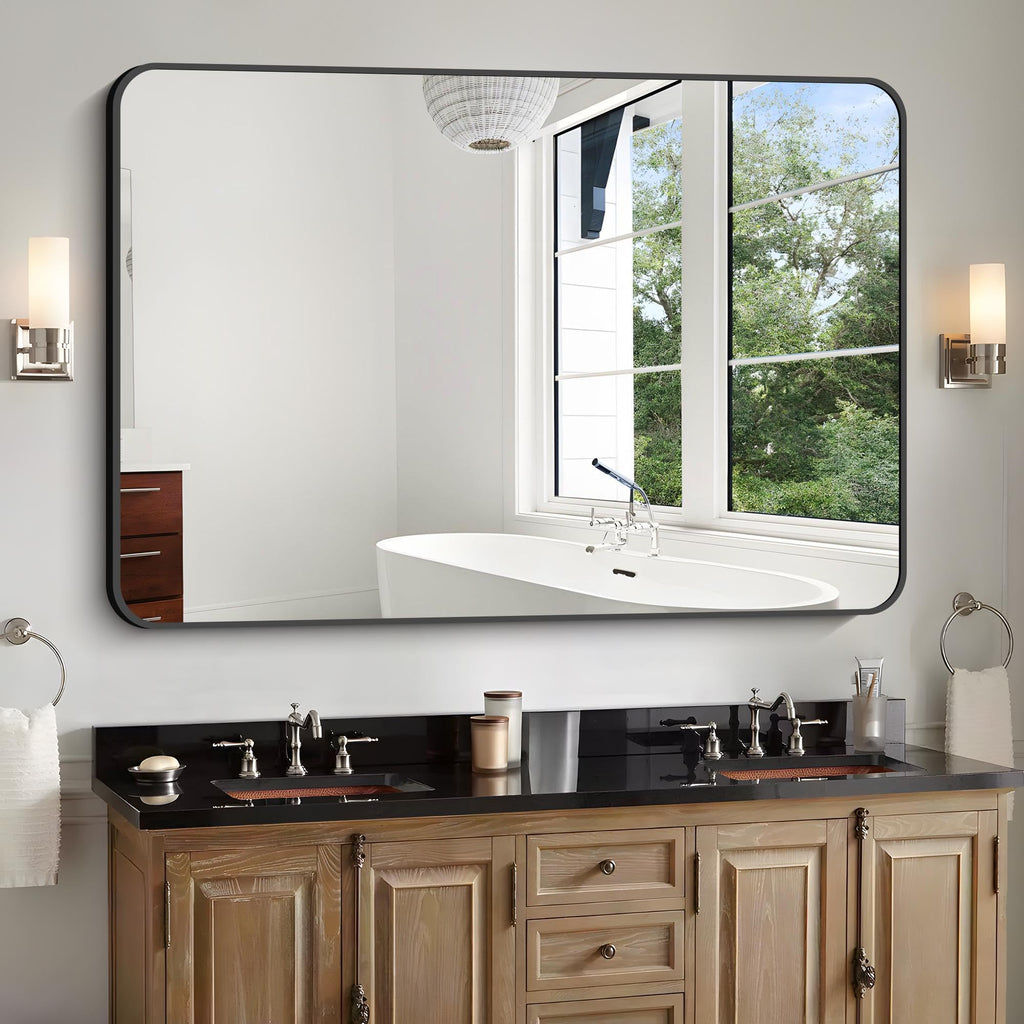 Bathroom Mirror, 48x36 inch Black Rectangle Wall Mirror, Metal Frame Rounded Corner Vanity Mirror, Large Wall Mounted