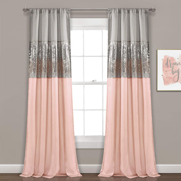 Night Sky Window Curtain Panel, Single, 42" W x 84" L, Gray & Blush - Sequin Curtains - Sparkle & Color Block Design
