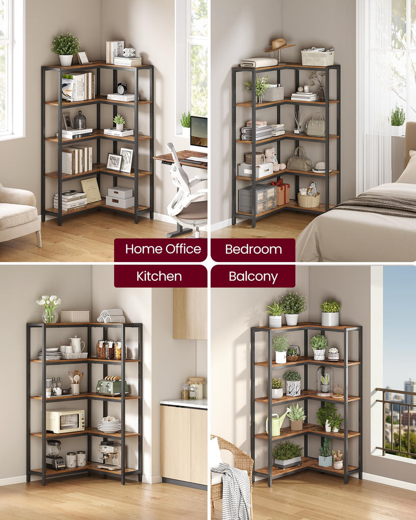 5 Tier Bookshelf, Convertible Corner Shelf, 40.2 x 9.4 x 55.9 in
