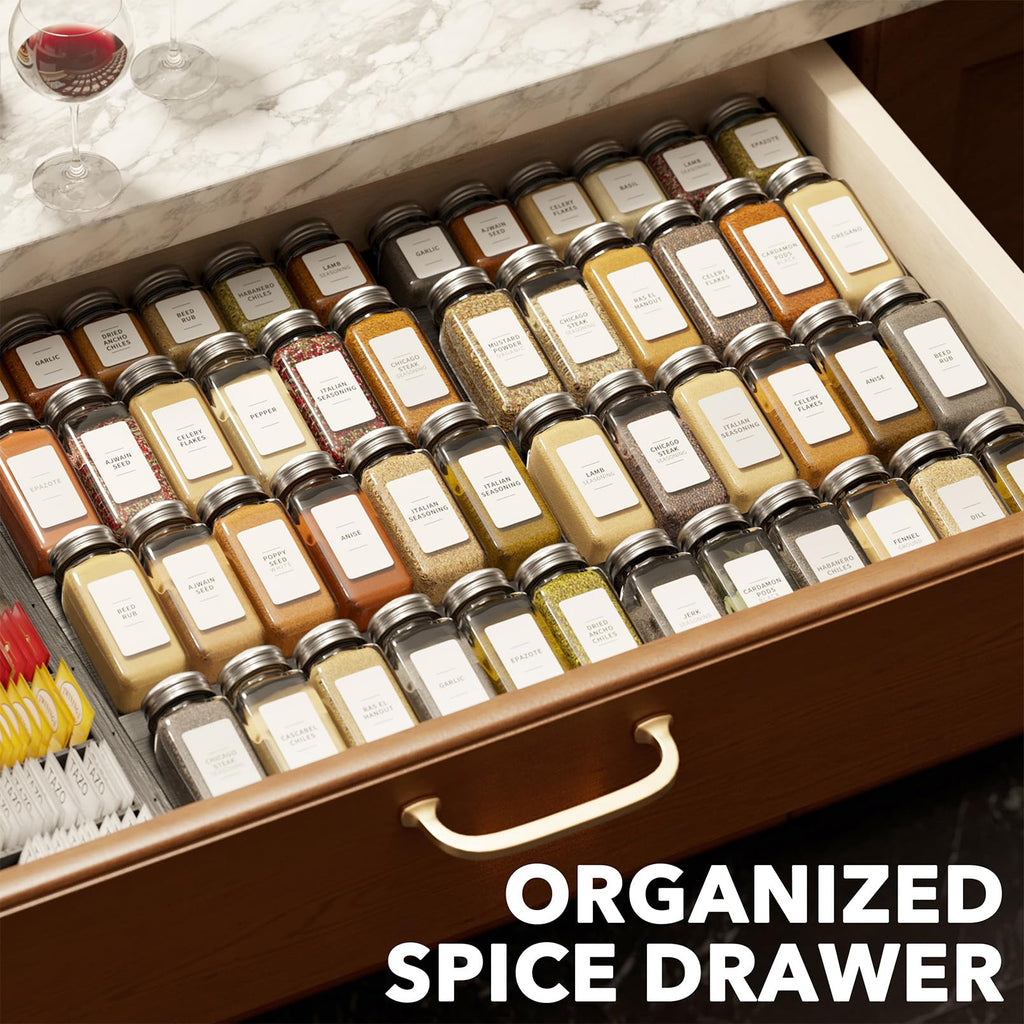 Bamboo Black Spice Drawer Organizer, (Need 3" Deep Drawer) Expandable 4 Tier Spices Rack for Cabinet, Kitchen