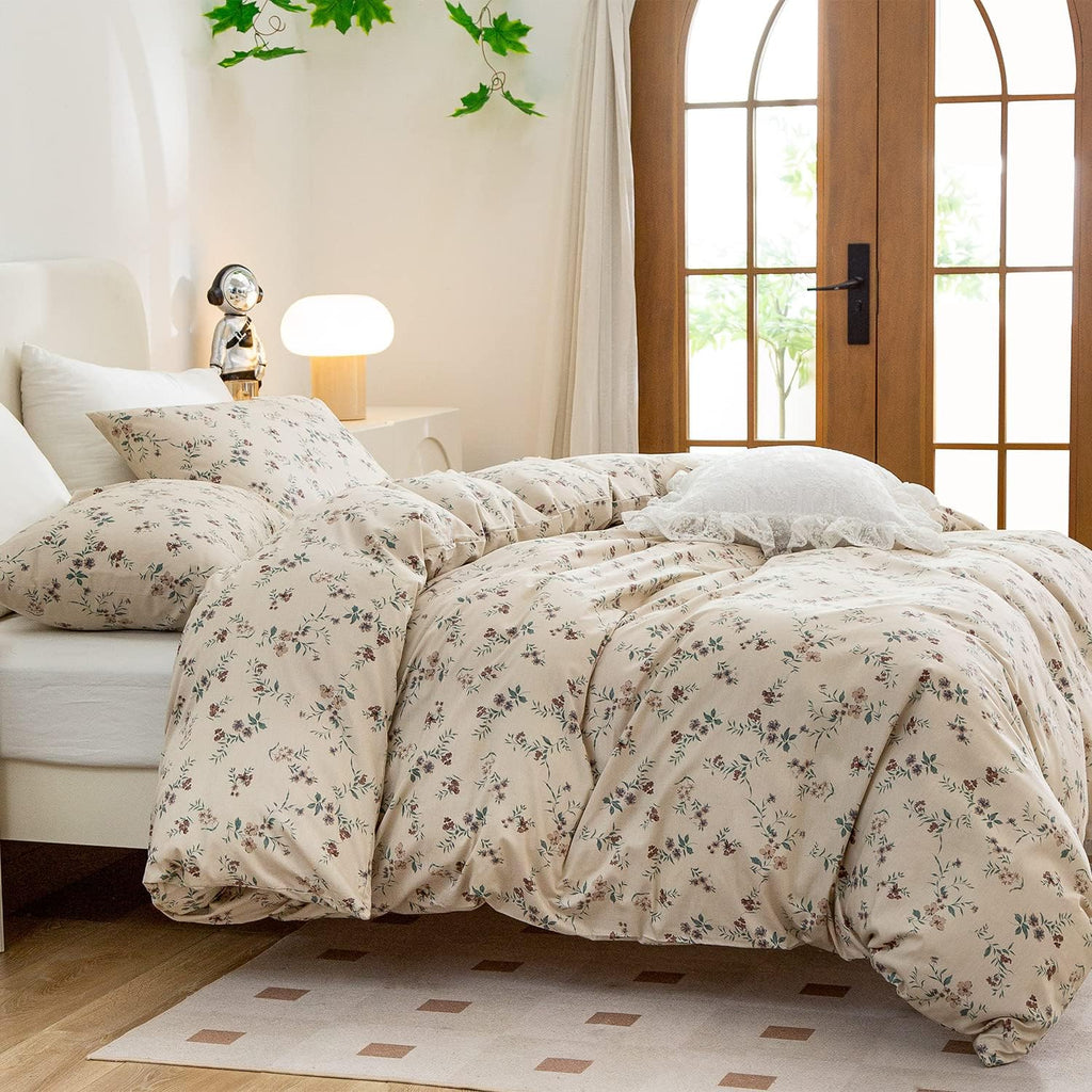 Duvet Cover Queen Floral, Brushed Microfiber 3 Pieces Bedding Set, Garden Style Vintage Floral Queen Duvet Cover