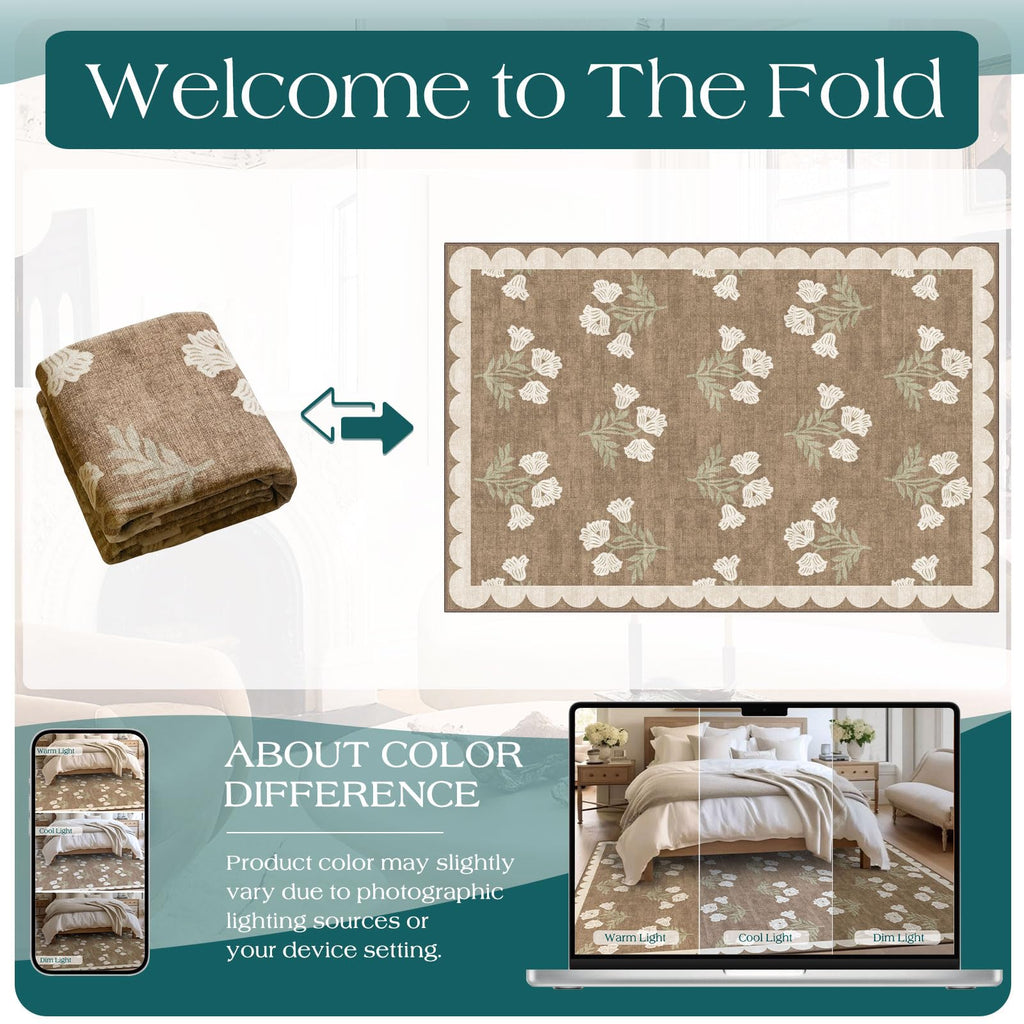 Tan Rug Runner, Boho Floral Scalloped Laundry Room Rug Non-Slip
