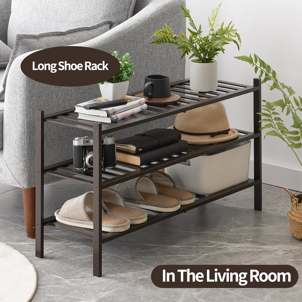Long Shoe Rack, Bamboo Stackable Shoe Shelf Storage Organizer, Shoe Stand for Closet, Entryway and Hallway (Brown