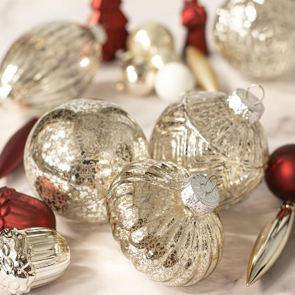 Mercury Glass Christmas Ornaments Set of 8 Champagne Silver Hanging Christmas Balls Finials for Christmas Tree