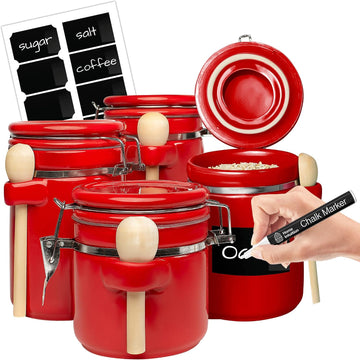 Smell Proof 4-Piece Ceramic Kitchen Canisters Set, Airtight Containers with Wooden Spoons Reusable Chalk Labels - Set of 4