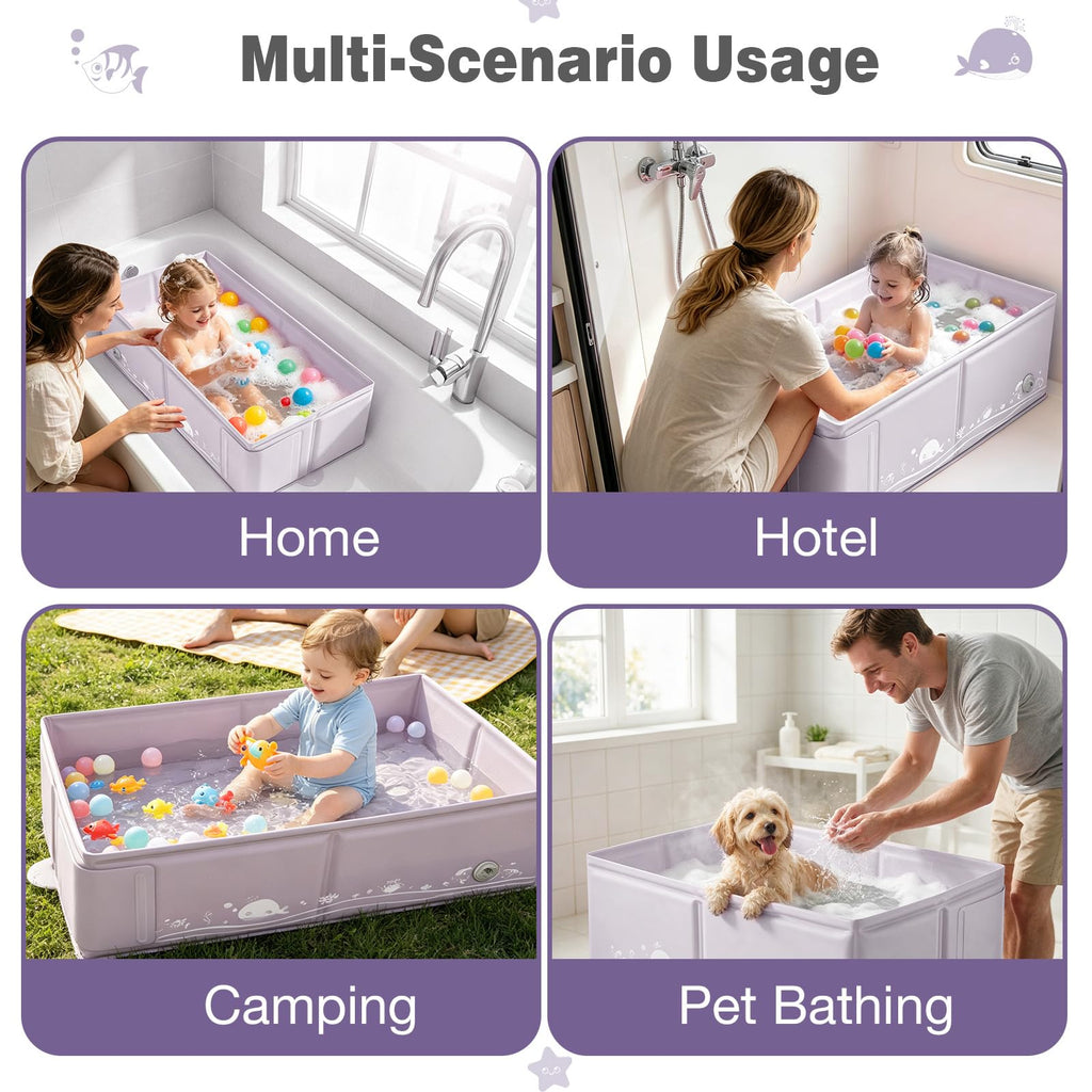 Collapsible Baby Bathtub for Babies & Toddlers, Foldable Portable Baby Tub with Inflatable Cushion Bottom, Non Slip