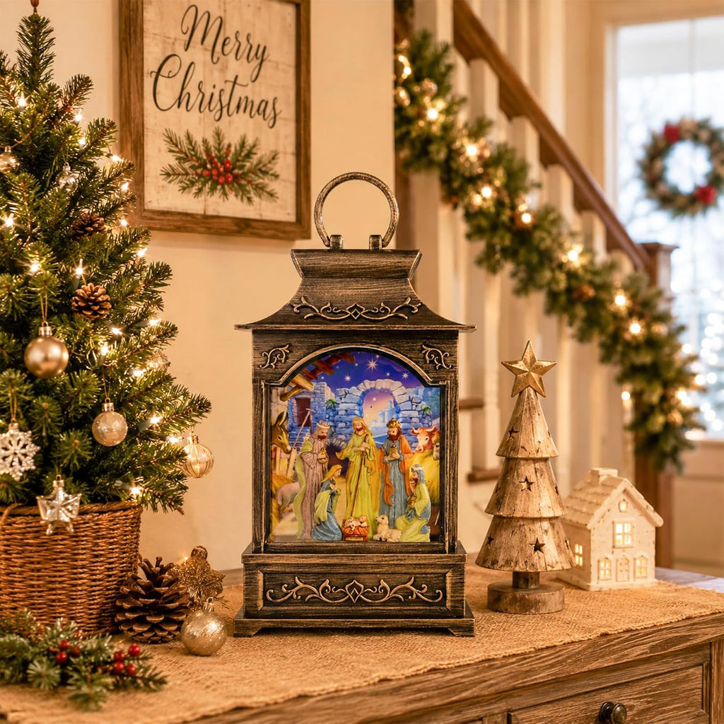 Christmas Nativity Snow Globe Lantern Musical Swirling Glitter Light