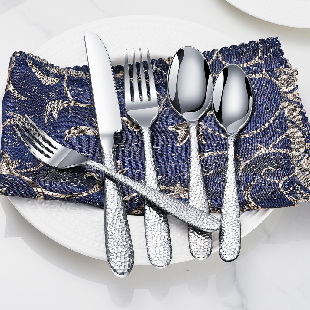 Hammered Silverware Set, 20-Piece Heavy Duty Stainless Steel Flatware Sets for 4, Food-Grade Cutlery Set Restaurant